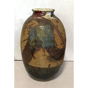Vintage Studio Art Pottery Abstract Glaze Stoneware Vase 9” Tall Signed